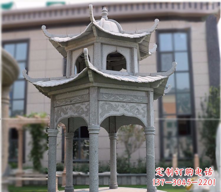聊城小区大理石六角石雕双层凉亭