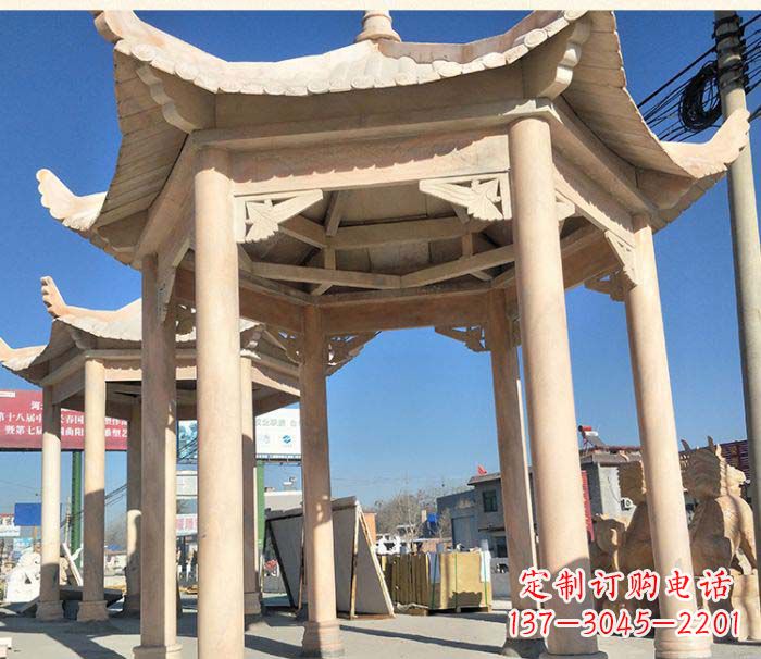 聊城园林景观晚霞红六角石雕凉亭 (2)