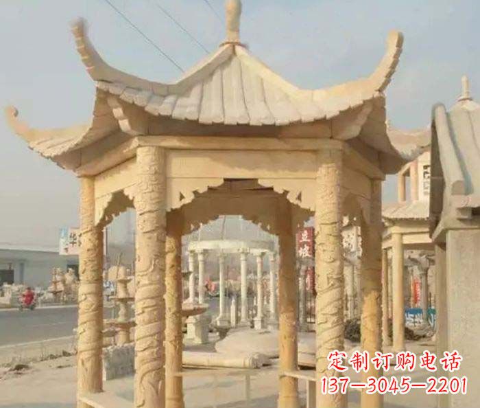 聊城园林景观晚霞红六角石雕凉亭 (3)