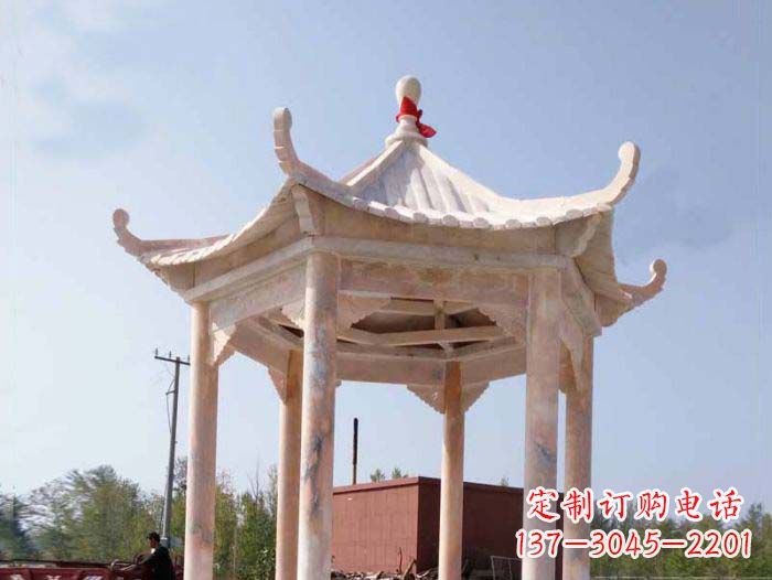 聊城园林景观晚霞红六角石雕凉亭