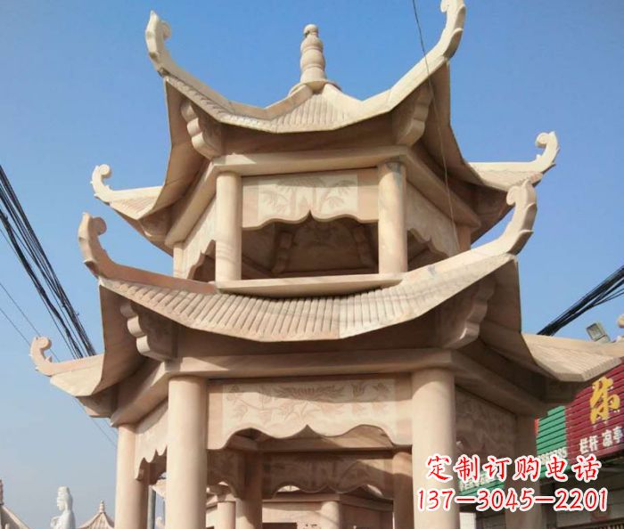 聊城园林景观晚霞红双层石雕凉亭 (2)