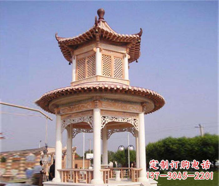 聊城园林景观晚霞红双层石雕凉亭 (4)