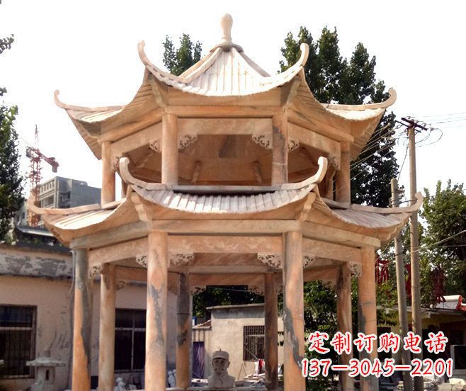 聊城园林景观晚霞红双层石雕凉亭