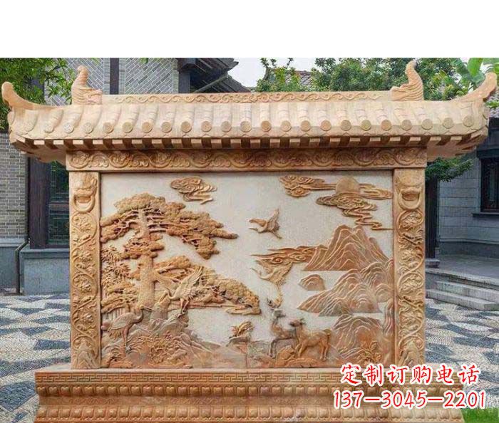 聊城园林景观晚霞红松鹤石浮雕影壁