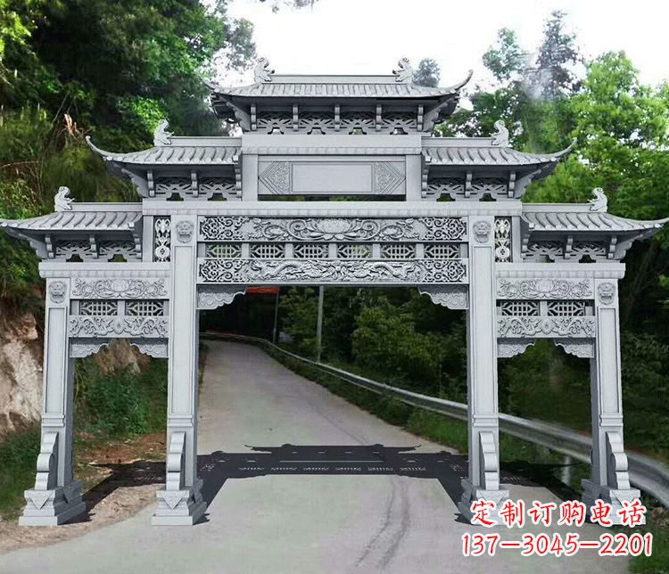 聊城园林三门石牌坊景观石雕