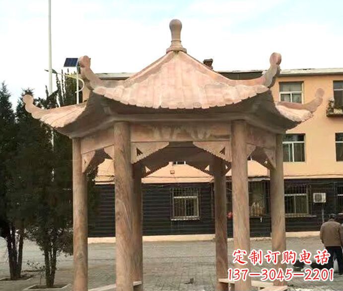 聊城园林晚霞红六角石雕凉亭