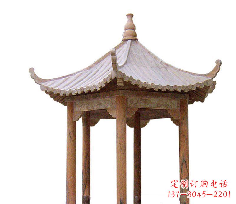 聊城园林晚霞红六角石凉亭景观石雕 (2)