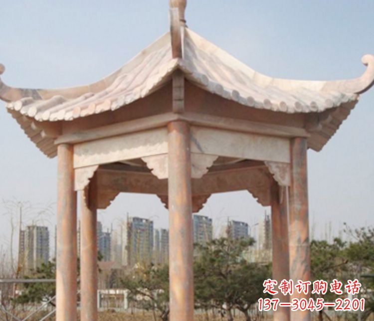 聊城园林晚霞红六角石凉亭景观石雕