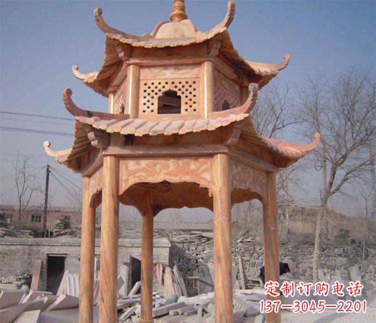 聊城园林晚霞红石凉亭景观石雕