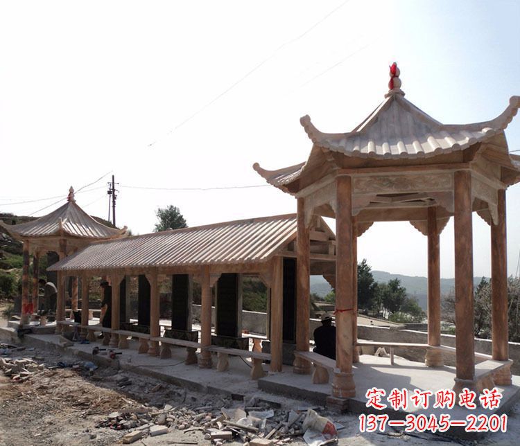 聊城园林晚霞红长廊凉亭景观石雕