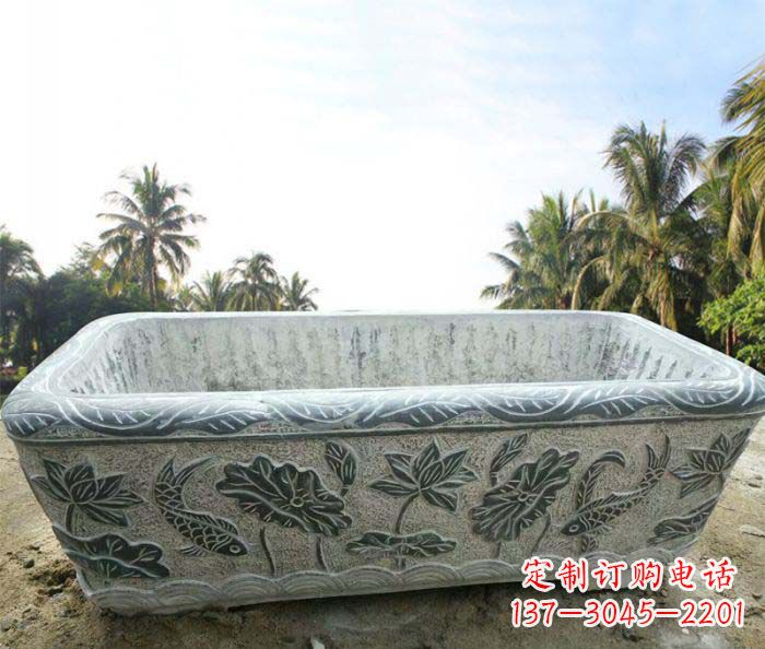 聊城长方形连年有余荷花浮雕石水缸