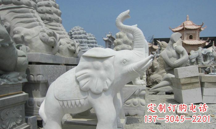 聊城招财动物汉白玉长鼻小象石雕