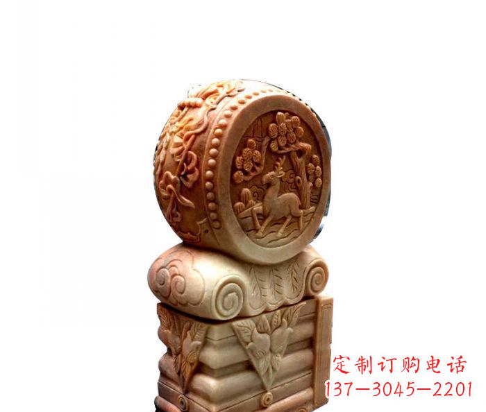 聊城招财石门墩晚霞红抱鼓石