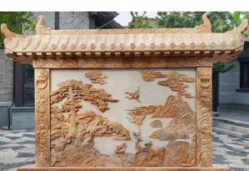 聊城园林景观晚霞红松鹤石浮雕影壁