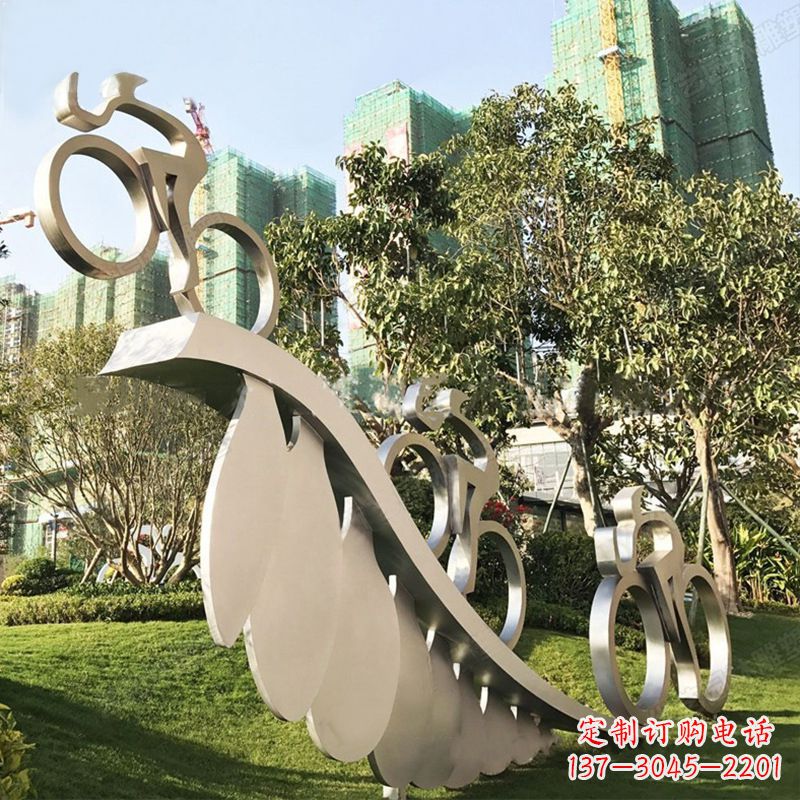 聊城自行车雕塑-抽象不锈钢骑自行车人物景观雕塑